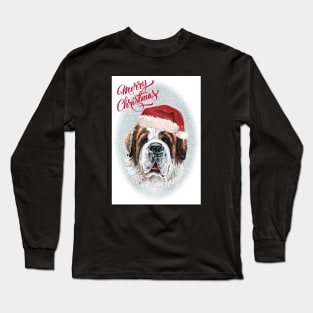 Saint Bernard Merry Christmas Santa Dog Holiday Greeting Long Sleeve T-Shirt